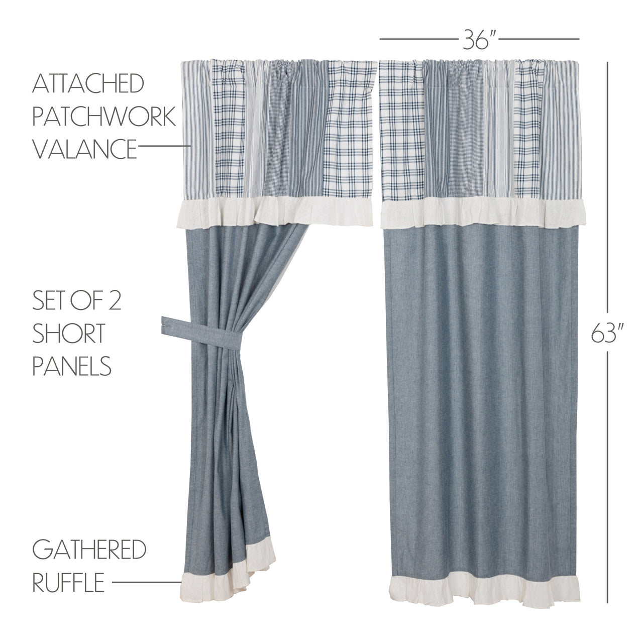 Sawyer Mill Blue Short Panel Curtain with Attached Patchwork Valance Set of 2 36"x63"