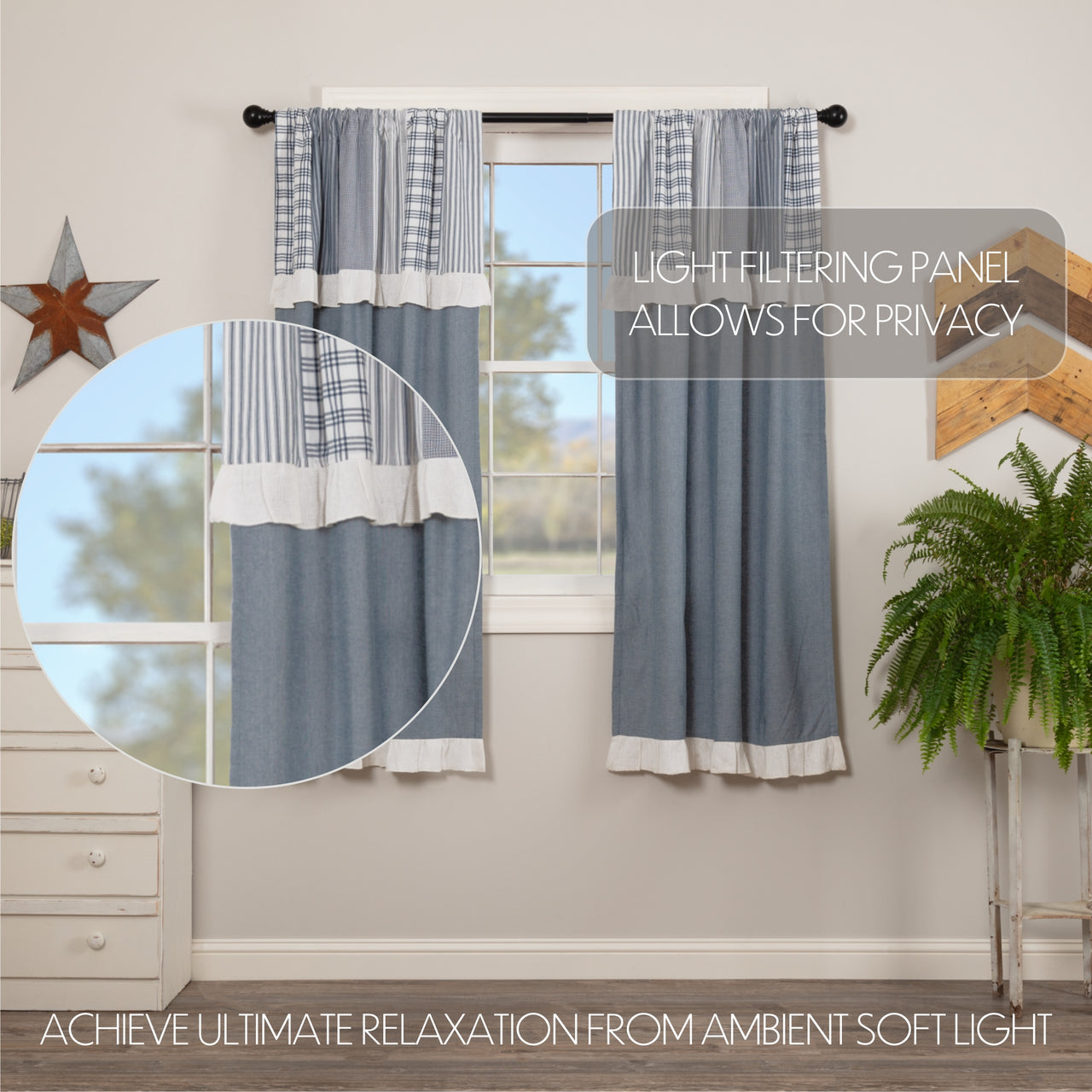 Sawyer Mill Blue Short Panel Curtain with Attached Patchwork Valance Set of 2 36"x63"