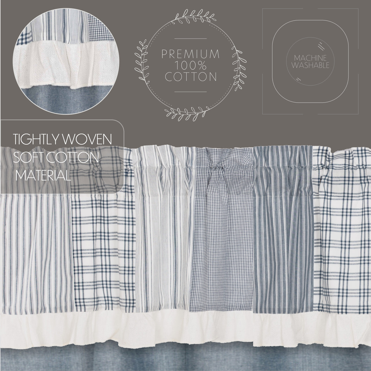 Sawyer Mill Blue Short Panel Curtain with Attached Patchwork Valance Set of 2 36"x63"