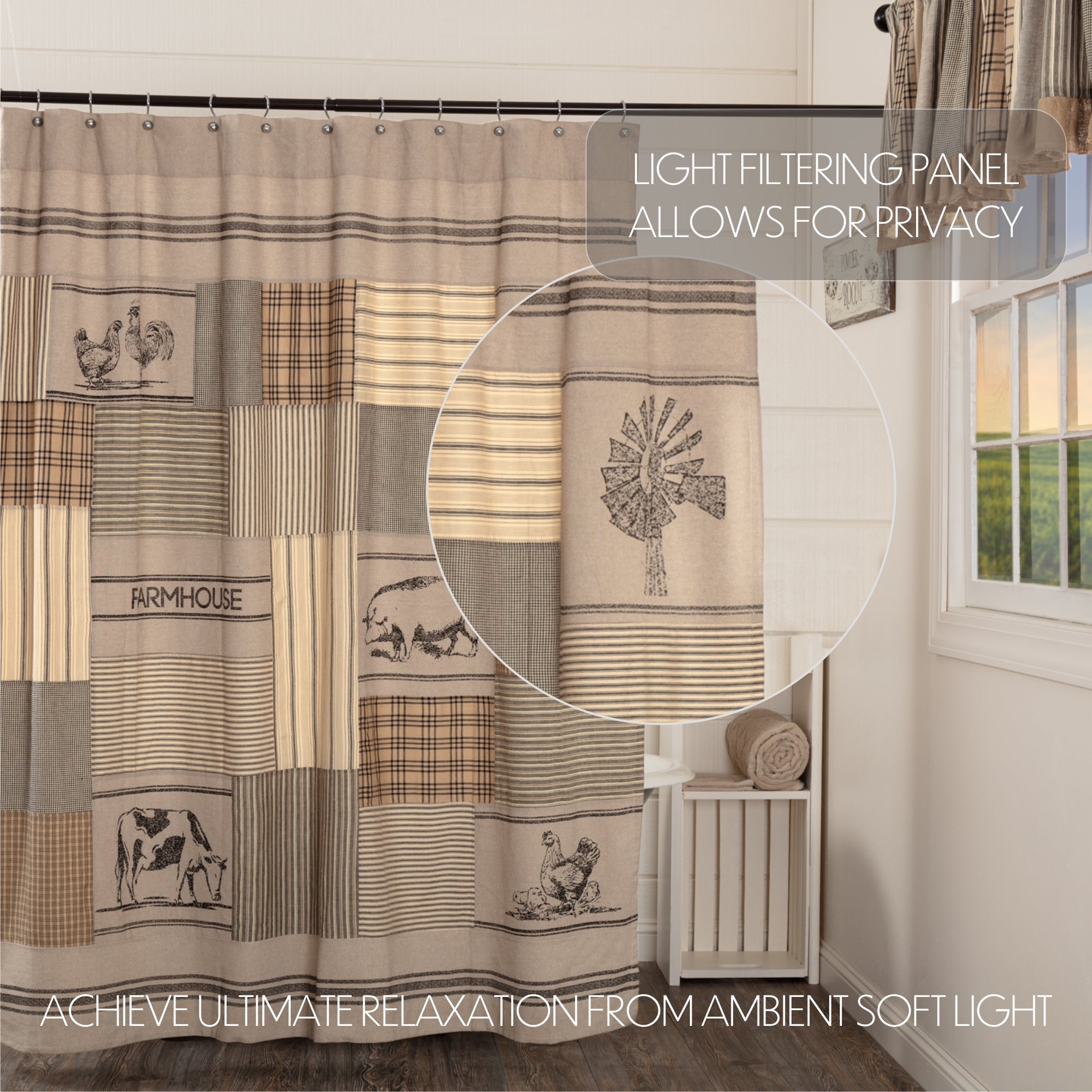 Sawyer Mill Charcoal Stenciled Patchwork Shower Curtain 72