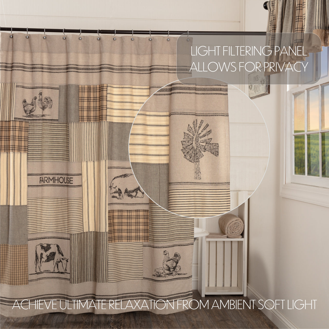 Sawyer Mill Charcoal Stenciled Patchwork Shower Curtain 72"x72" - VHC Brands - The Fox Decor
