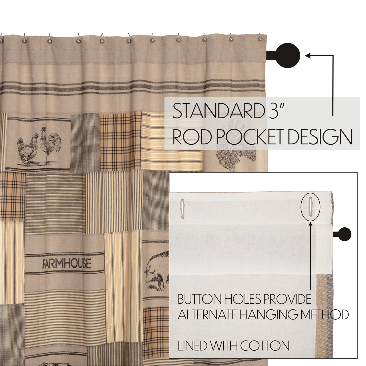 Sawyer Mill Charcoal Stenciled Patchwork Shower Curtain 72"x72" - VHC Brands - The Fox Decor