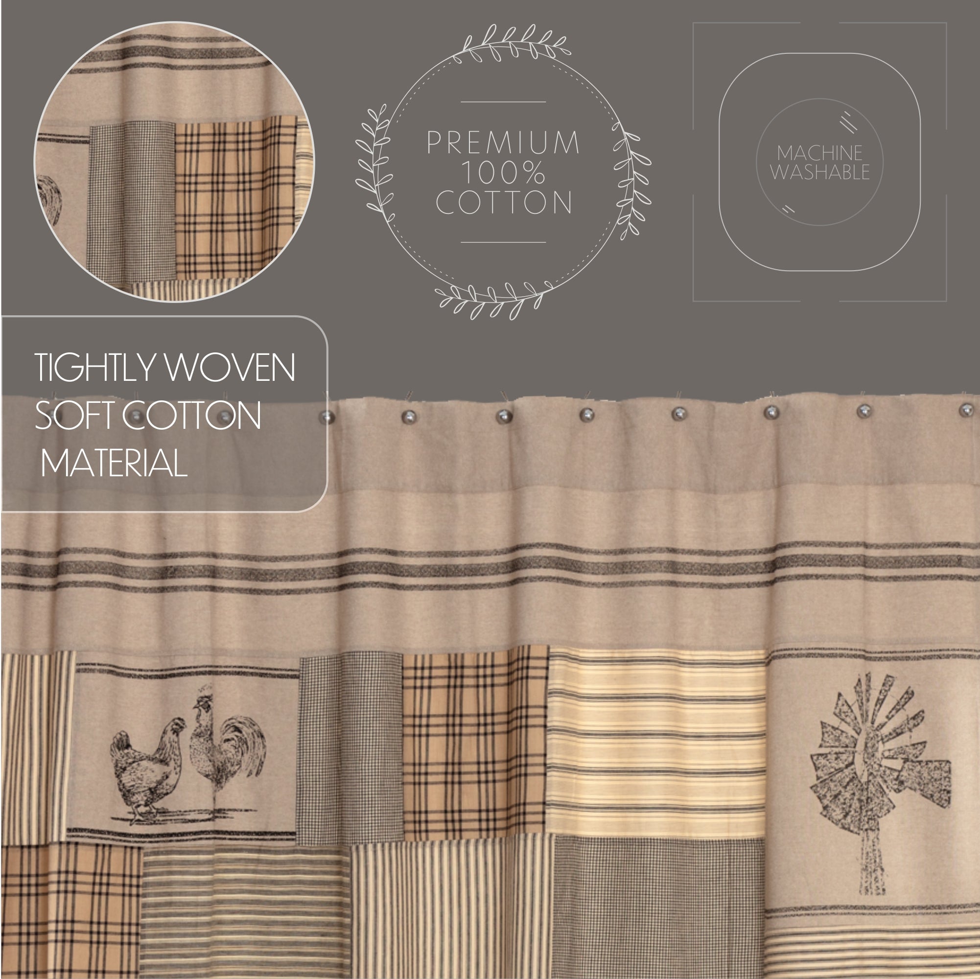 Sawyer Mill Charcoal Stenciled Patchwork Shower Curtain 72