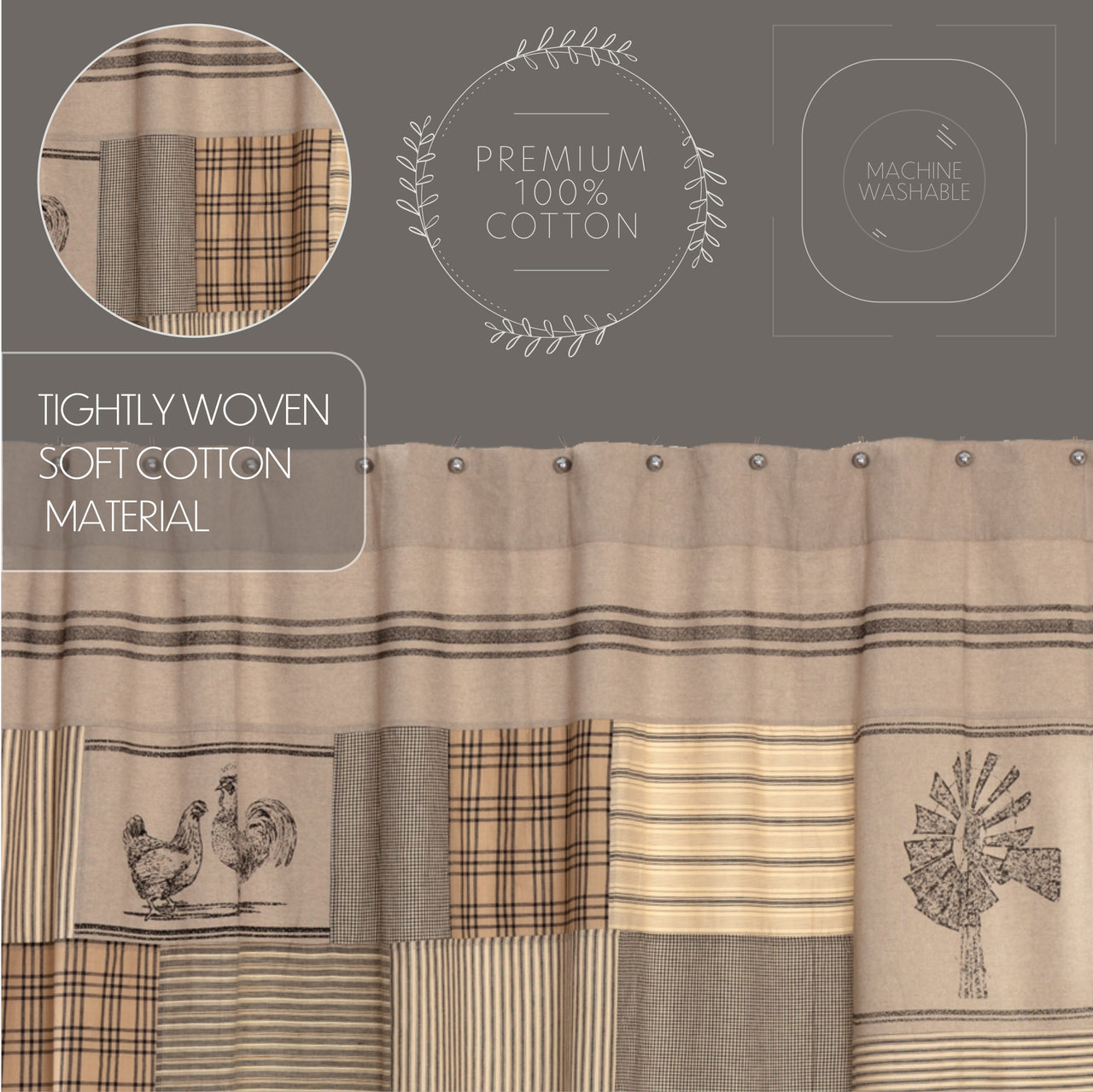 Sawyer Mill Charcoal Stenciled Patchwork Shower Curtain 72"x72" - VHC Brands - The Fox Decor