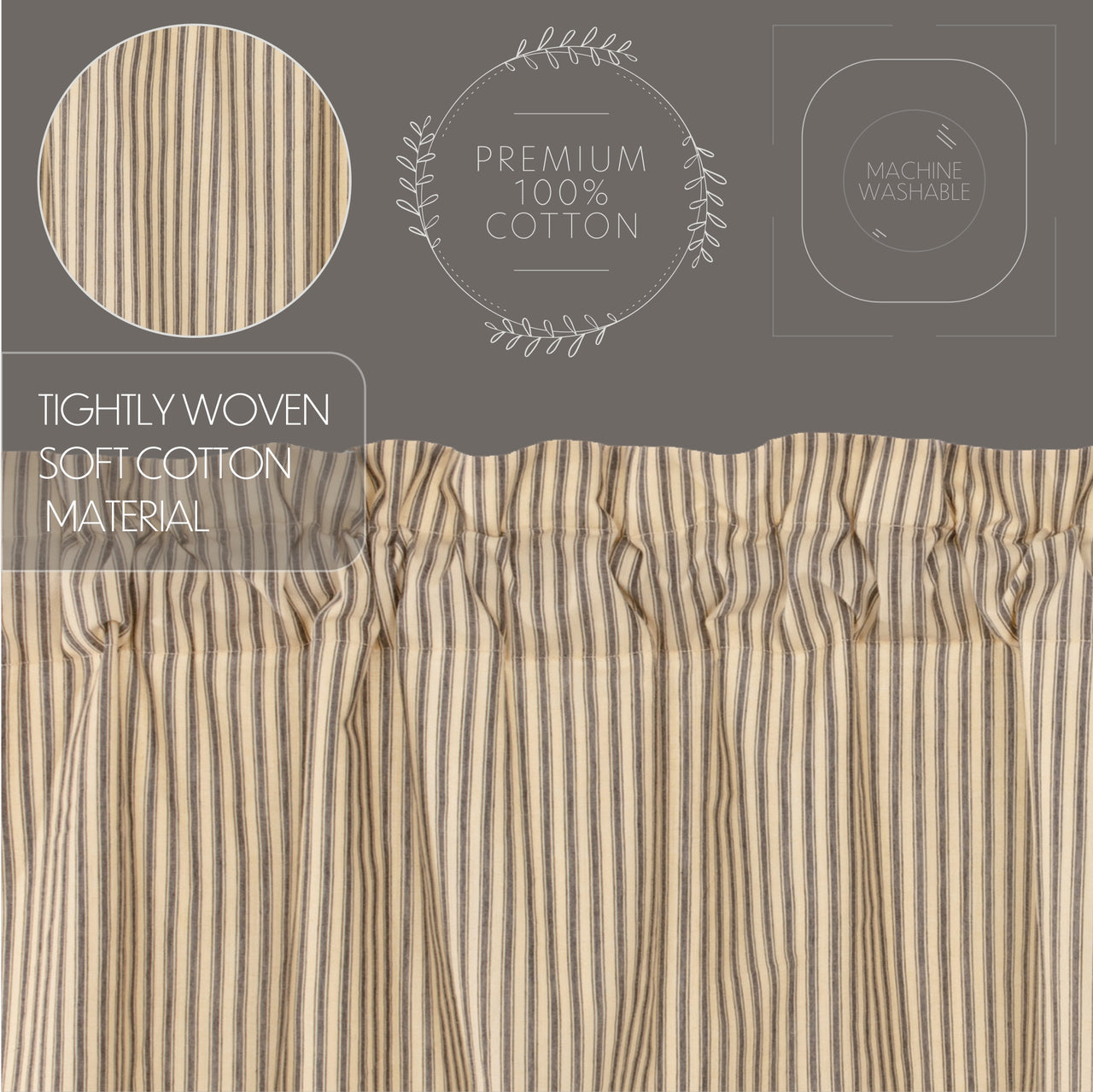 Sawyer Mill Charcoal Ticking Stripe Short Panel Curtain Set of 2 63"x36"