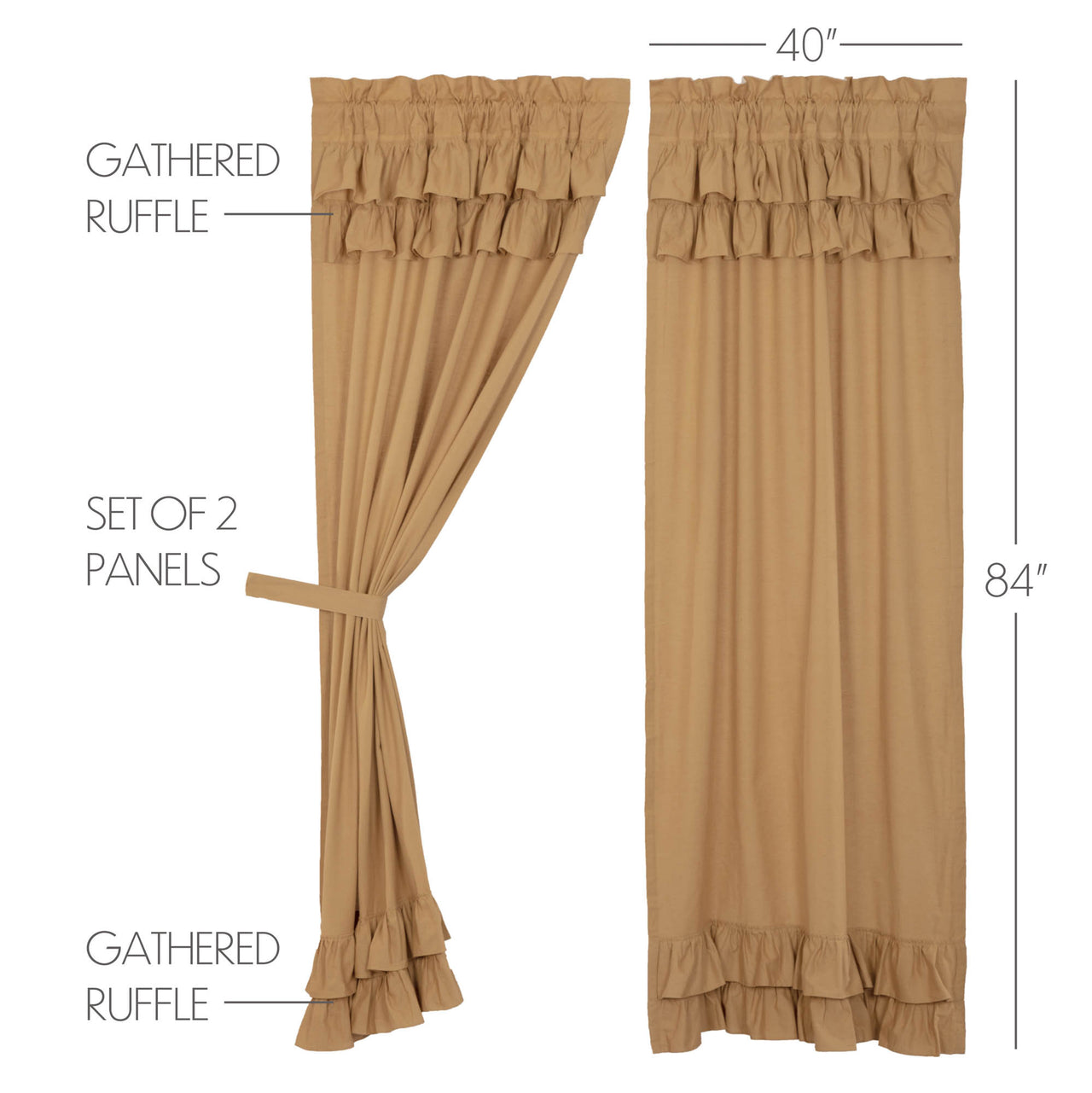Simple Life Flax Khaki Ruffled Panel Country Curtain Set of 2 84"x40"