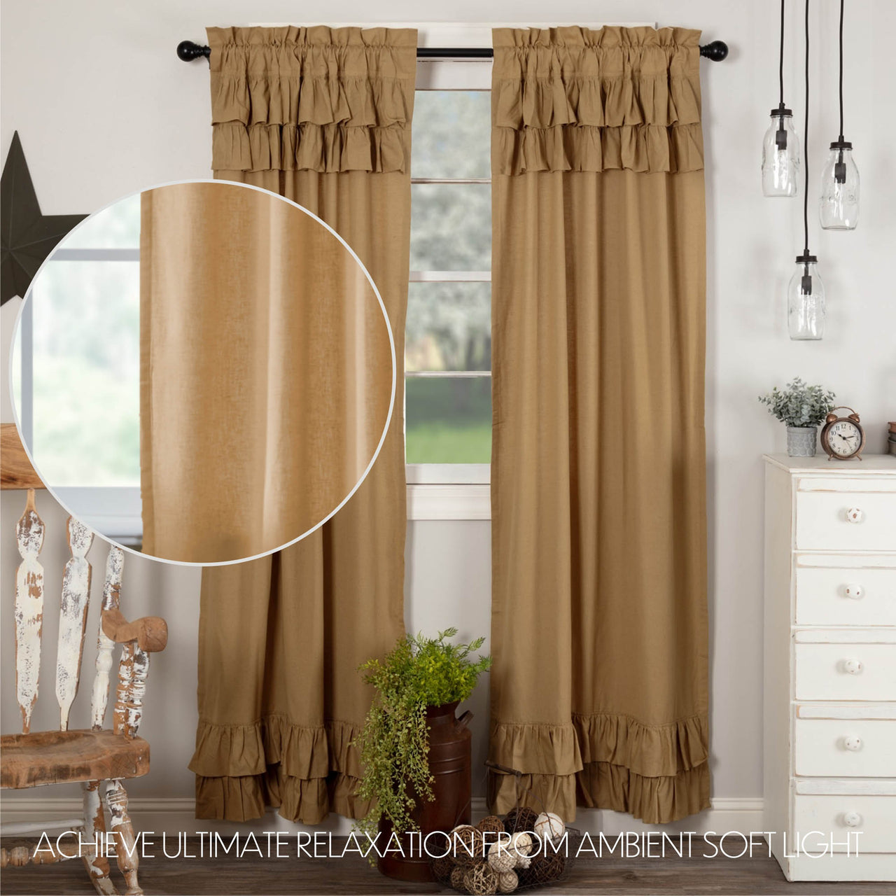 Simple Life Flax Khaki Ruffled Panel Country Curtain Set of 2 84"x40"