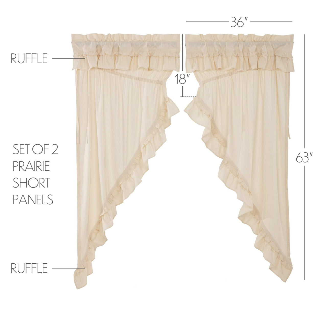 Muslin Ruffled Unbleached Natural Prairie Short Panel Curtain Set 63x36x18 VHC Brands