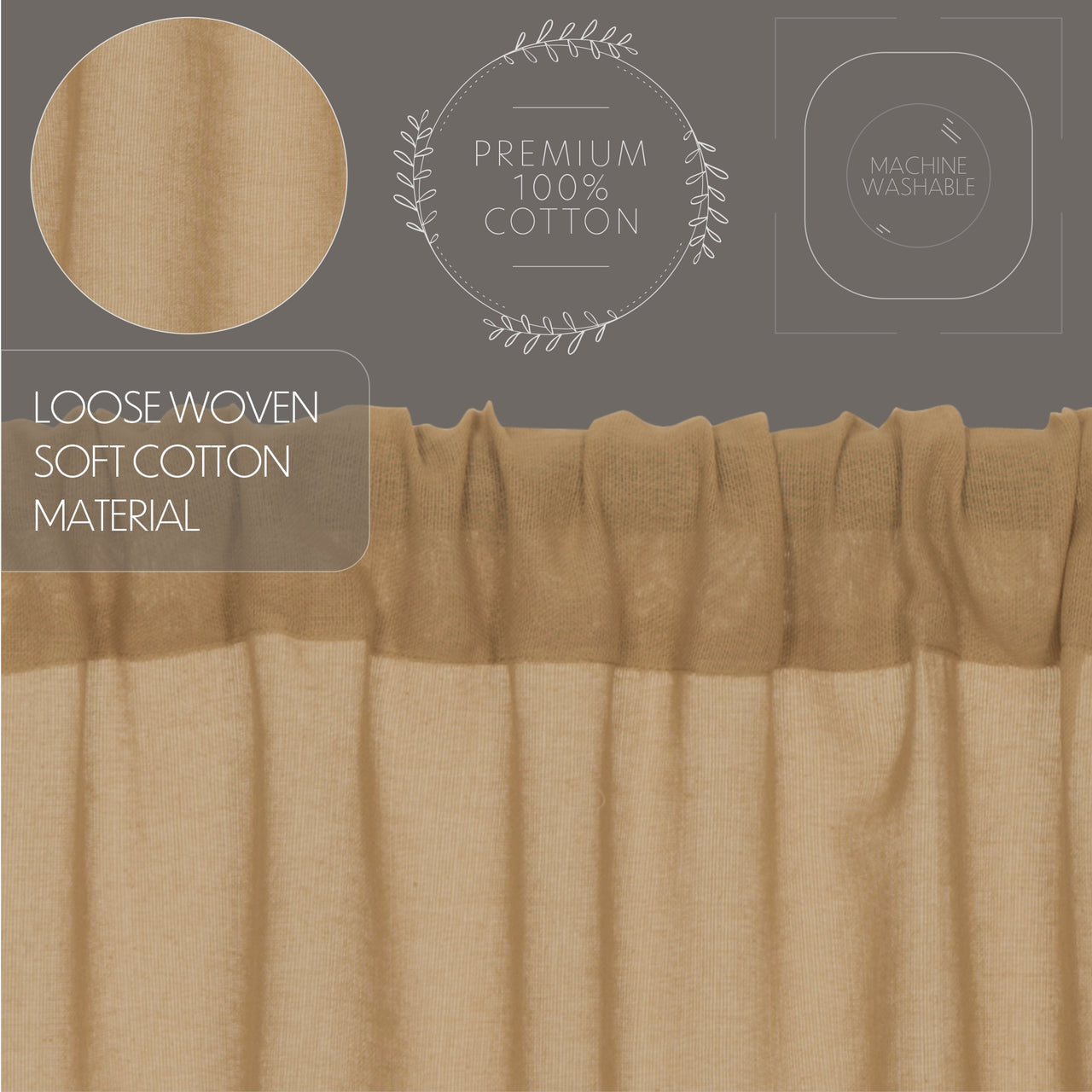 Tobacco Cloth Khaki Short Panel Curtain Fringed Set of 2 63x36 VHC Brands