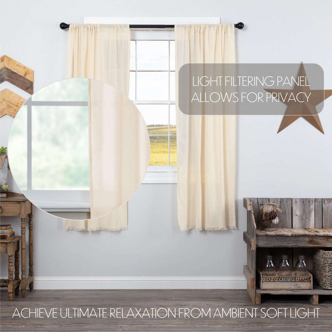 Tobacco Cloth Natural Short Panel Curtain Fringed Set of 2 63x36 VHC Brands - The Fox Decor