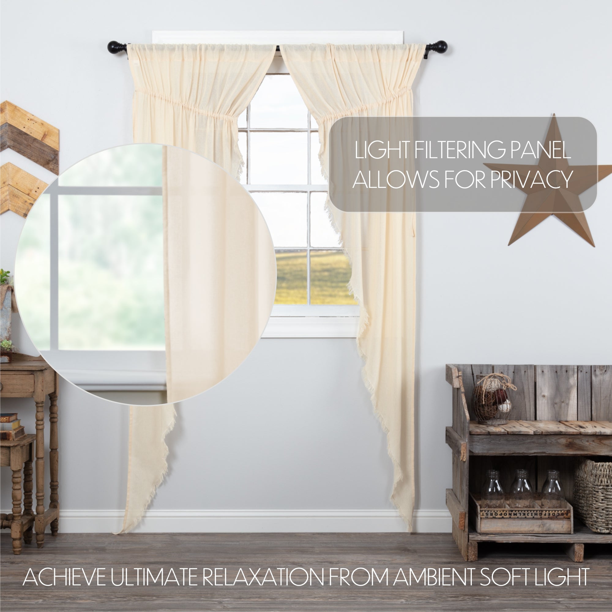 Tobacco Cloth Natural Prairie Long Panel Curtain Fringed Set of 2 84x36x18 VHC Brands