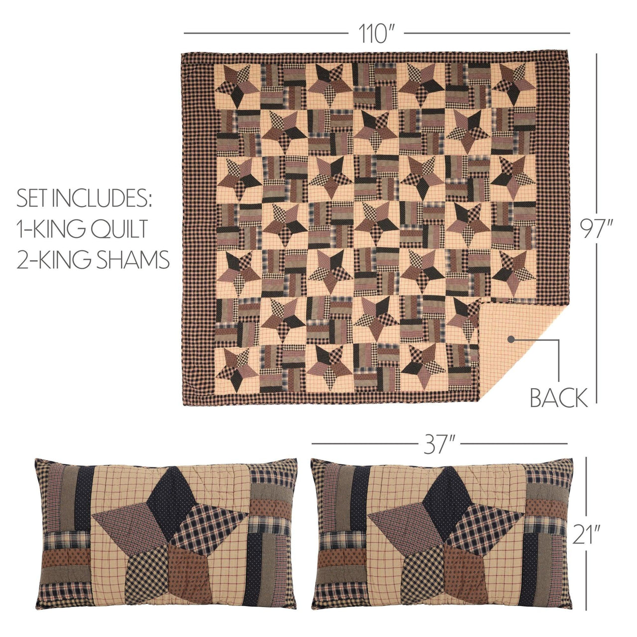 Bingham Star King Quilt Set; 1-Quilt 110Wx97L w/2 Shams 21x37 VHC Brands - The Fox Decor