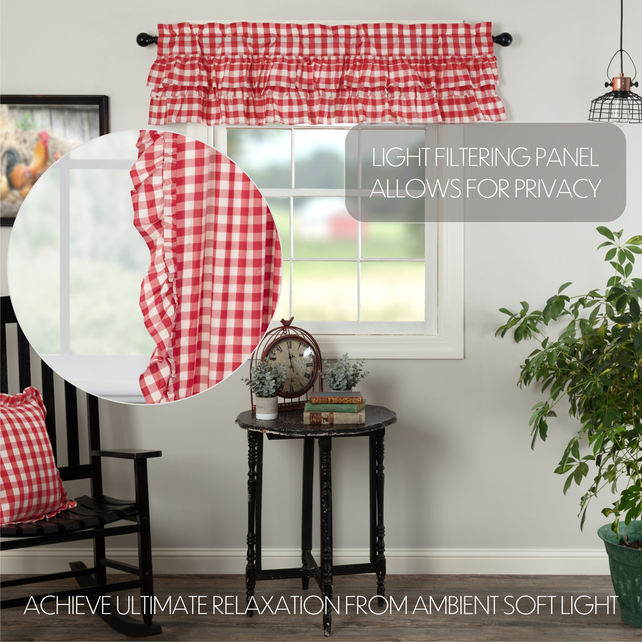 Annie Buffalo Red Check Ruffled Valance Curtain 16x60 VHC Brands