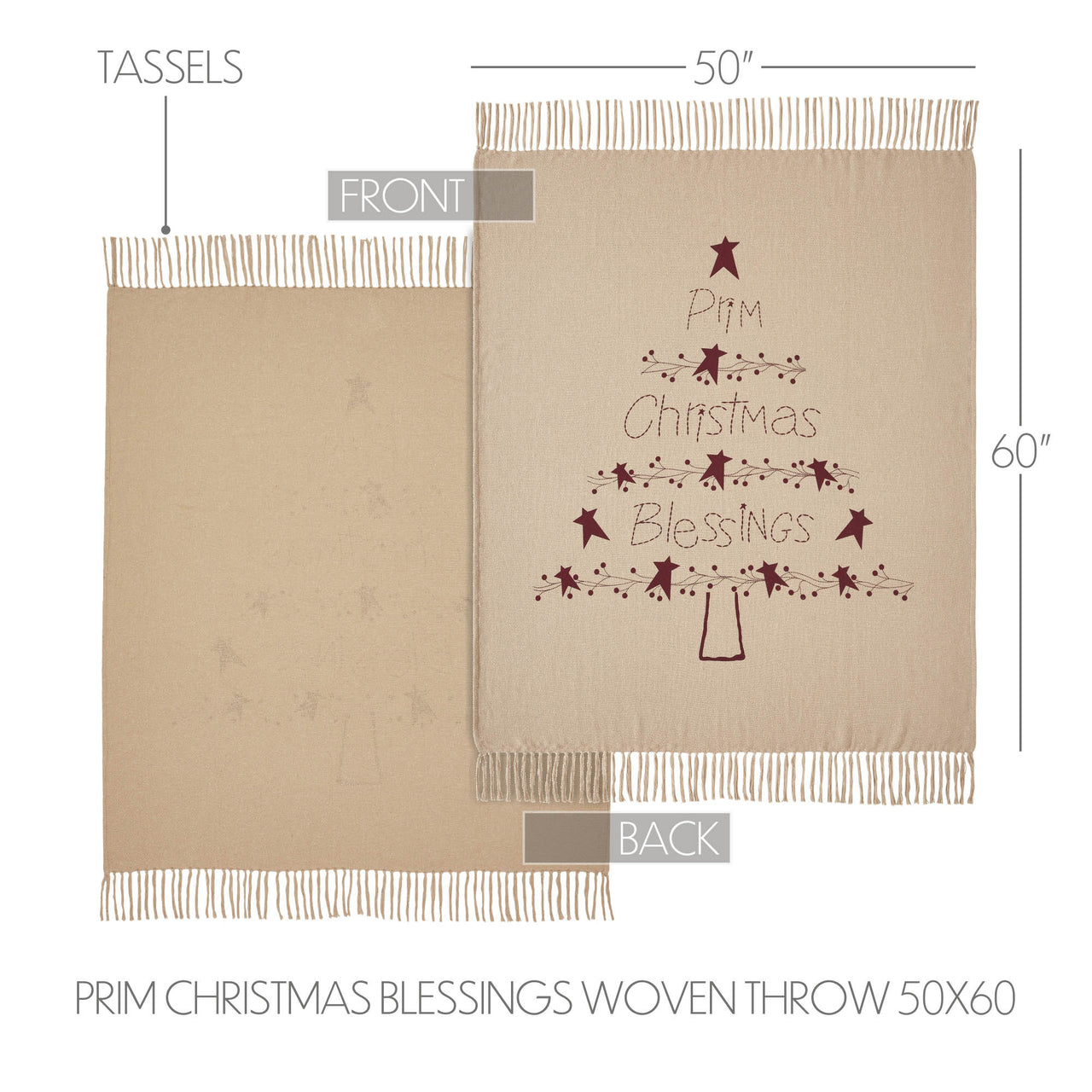 Gable Prim Christmas Blessings Woven Throw 60" x 50" Natural, Burgundy VHC Brands