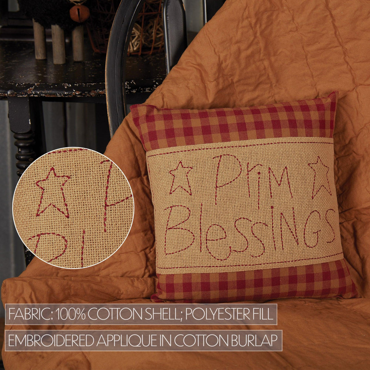 Burgundy Check Prim Blessings Pillow 12x12 - The Fox Decor