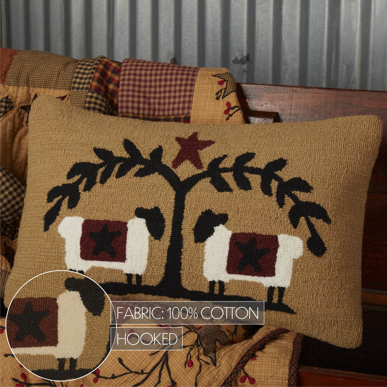 Heritage Farms Sheep and Star Hooked Pillow 14"x22" - VHC Brands