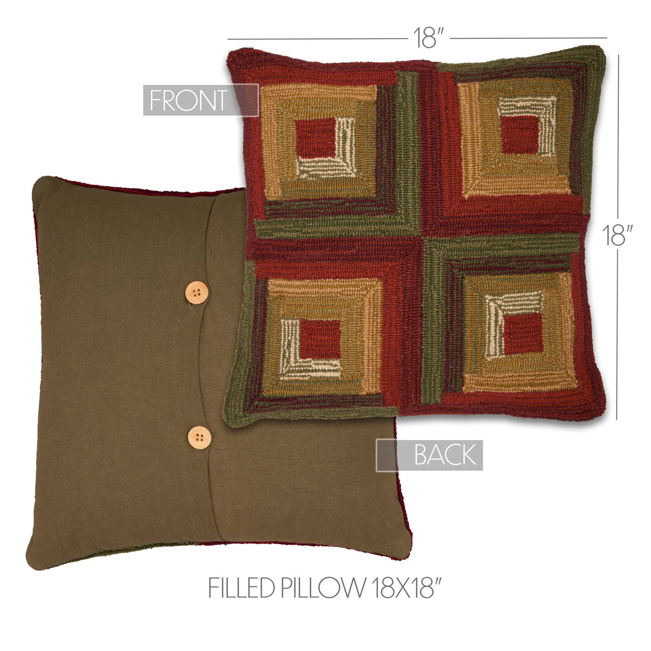 Tea Cabin Log Cabin Hooked Pillow 18"x18" - The Fox Decor