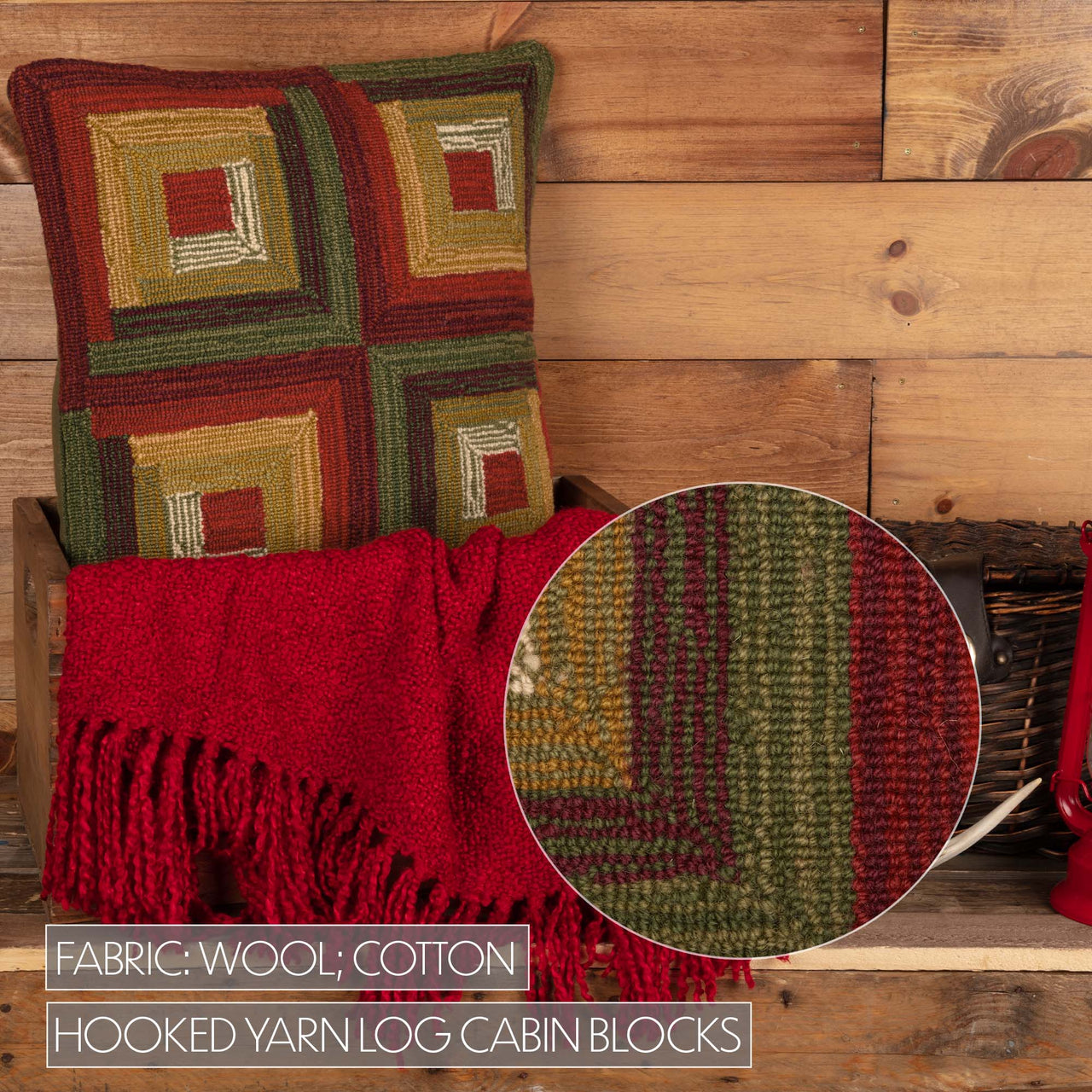 Tea Cabin Log Cabin Hooked Pillow 18"x18" - The Fox Decor