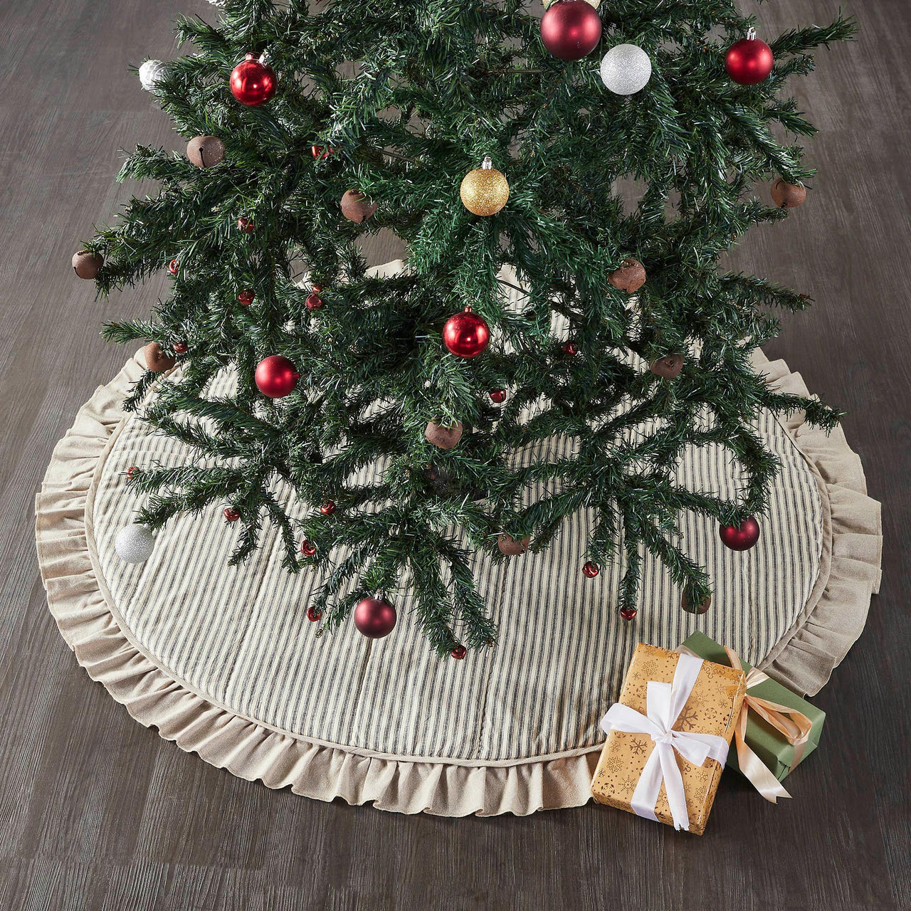 Sawyer Mill Charcoal Ticking Stripe Christmas Tree Skirt 48 VHC Brands - The Fox Decor