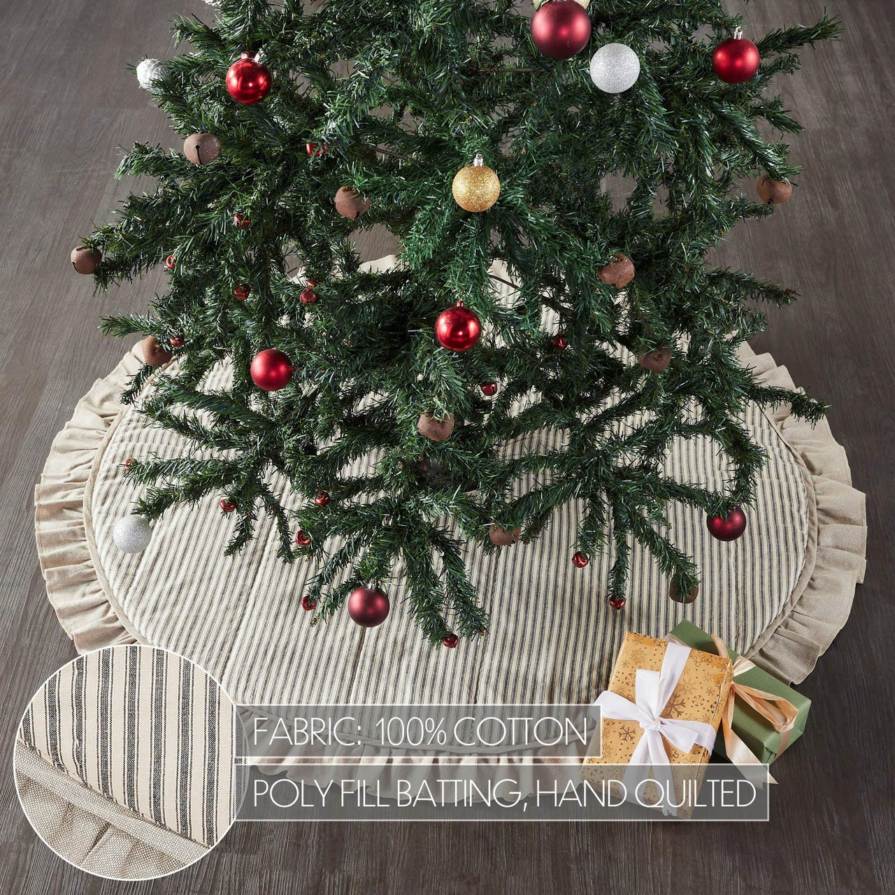 Sawyer Mill Charcoal Ticking Stripe Christmas Tree Skirt 48 VHC Brands - The Fox Decor