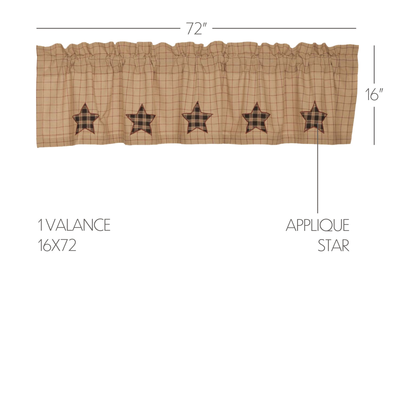 Bingham Star Valance Curtain Applique Star Khaki 16" x 72" VHC Brands