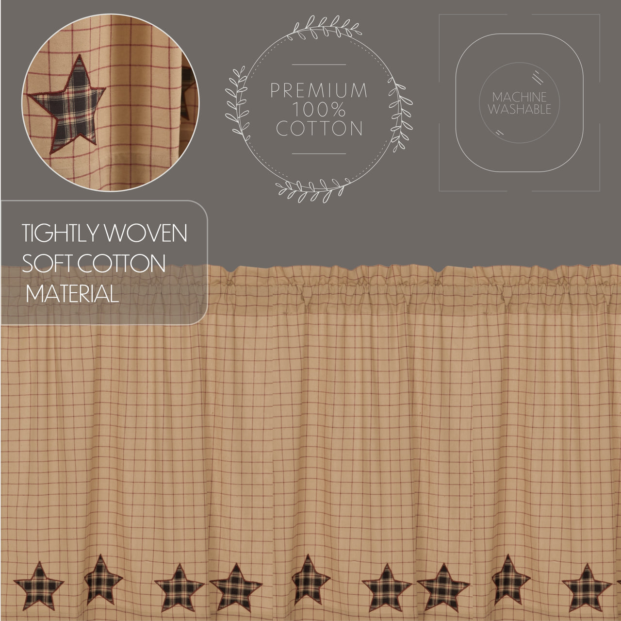 Bingham Star Valance Curtain Applique Star Khaki 16" x 72" VHC Brands