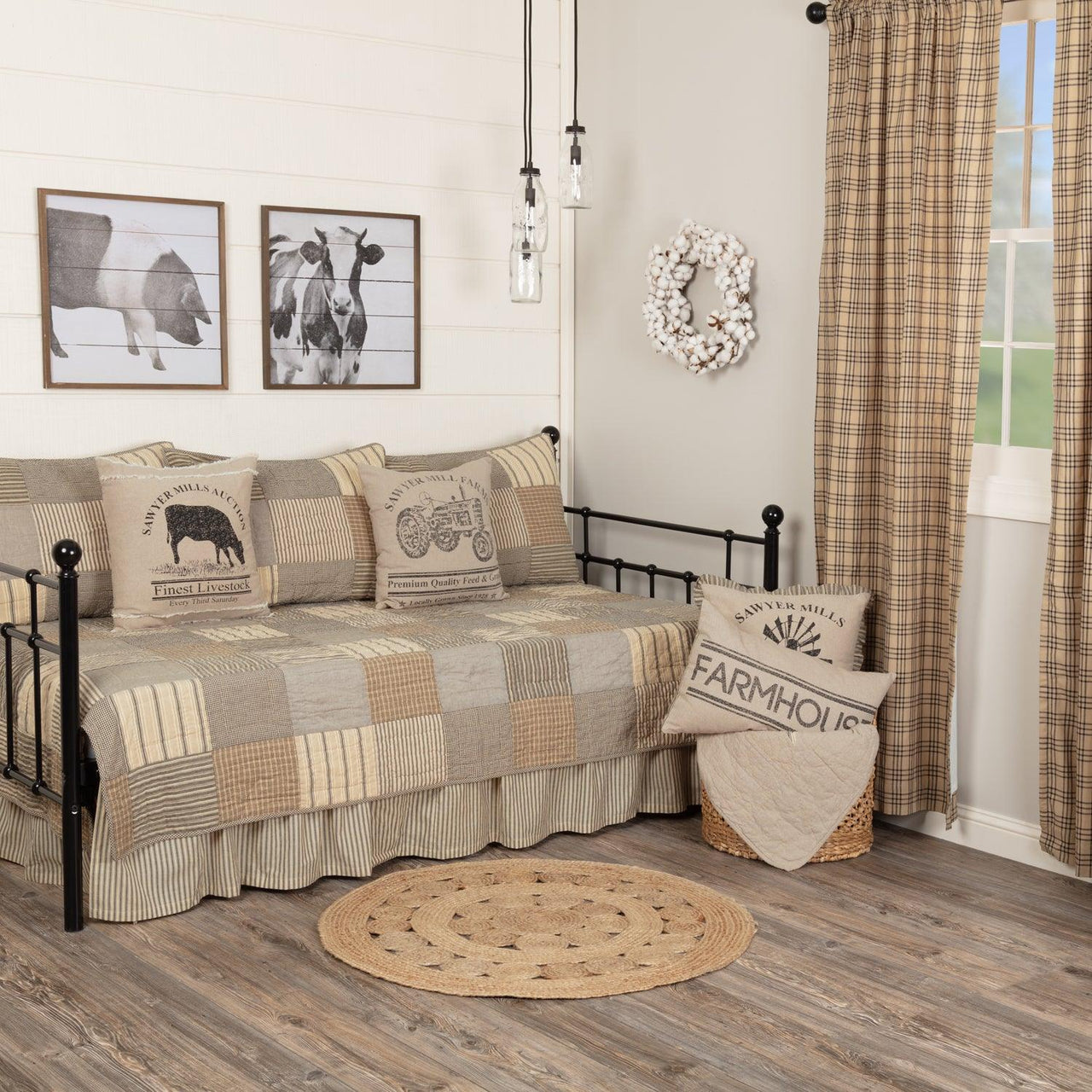 Sawyer Mill Charcoal 5pc Daybed Quilt Set (1 Quilt, 1 Bed Skirt, 3 Standard Shams) - The Fox Decor