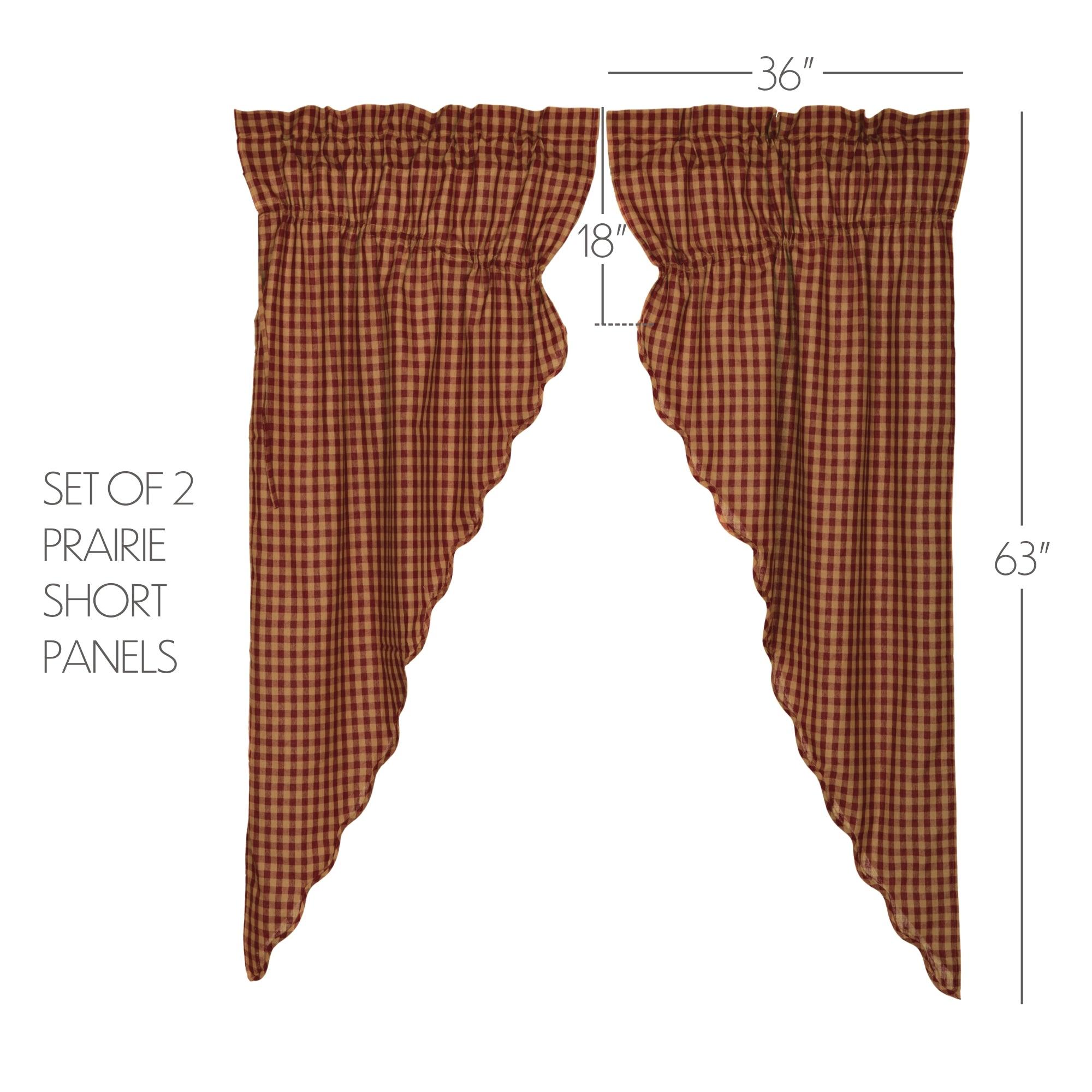 Burgundy Check Scalloped Prairie Short Panel Curtain Set of 2 63x36x18 - The Fox Decor