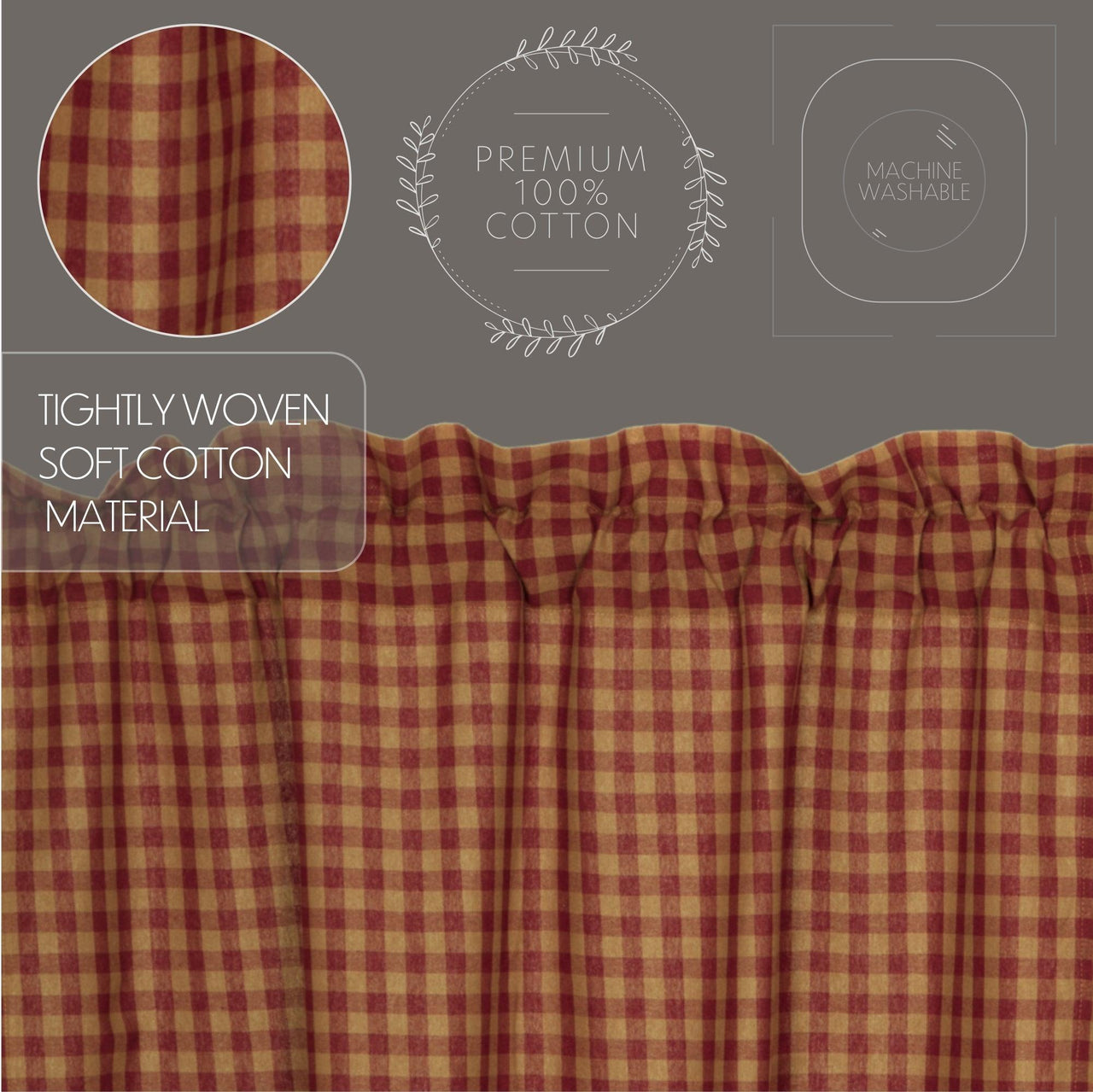 Burgundy Check Scalloped Prairie Short Panel Curtain Set of 2 63x36x18