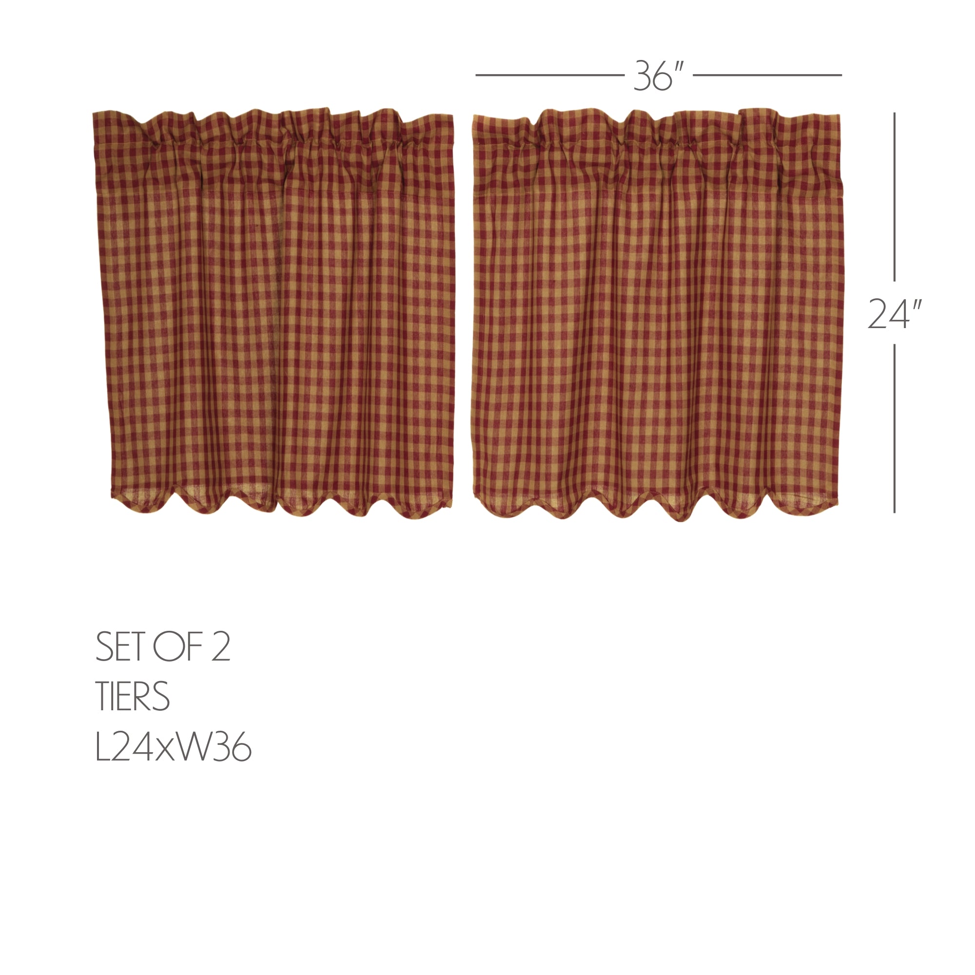 Burgundy Check Scalloped Tier Curtain Set of 2 L24xW36