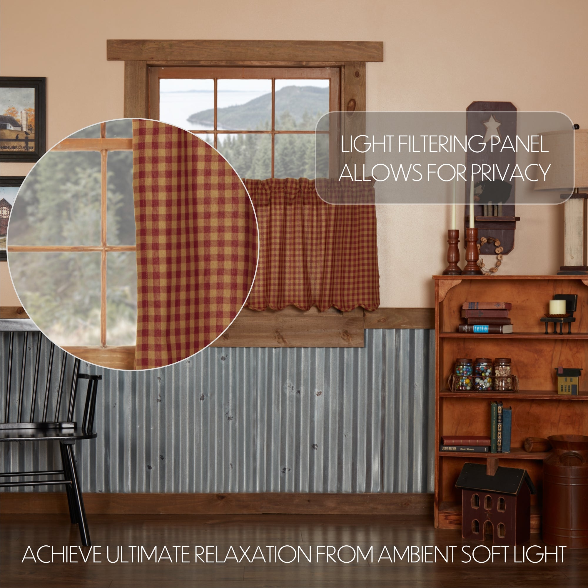 Burgundy Check Scalloped Tier Curtain Set of 2 L24xW36