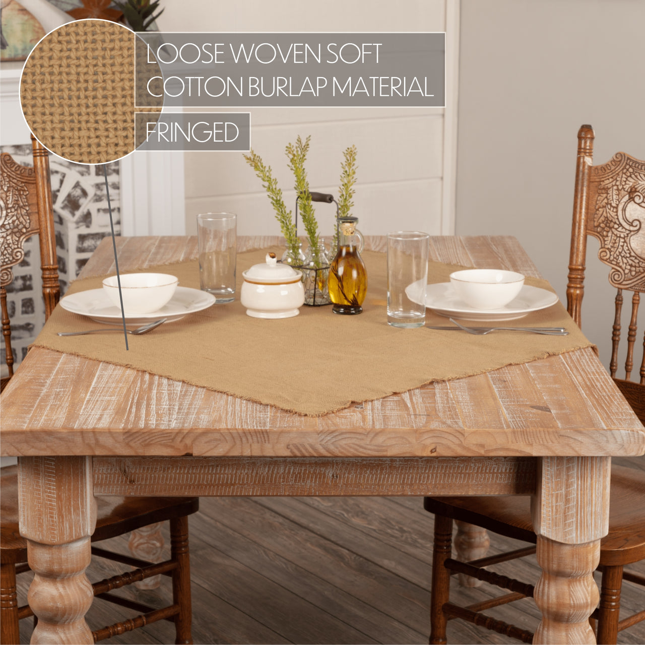 Burlap Natural Table Topper Fringed 40x40 VHC Brands