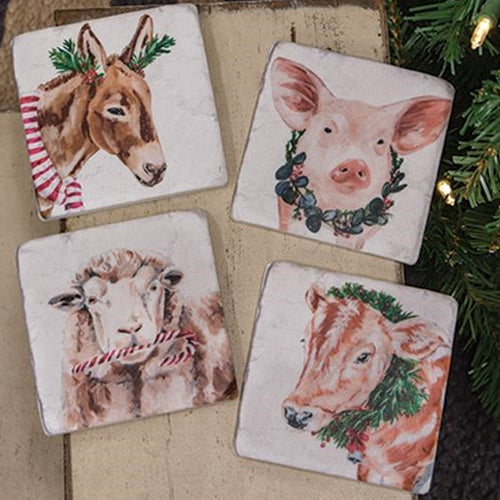 4 Set Christmas Farm Animals Resin Coasters
