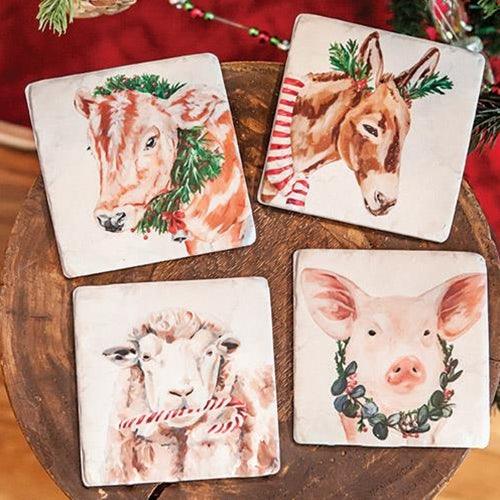 4 Set Christmas Farm Animals Resin Coasters