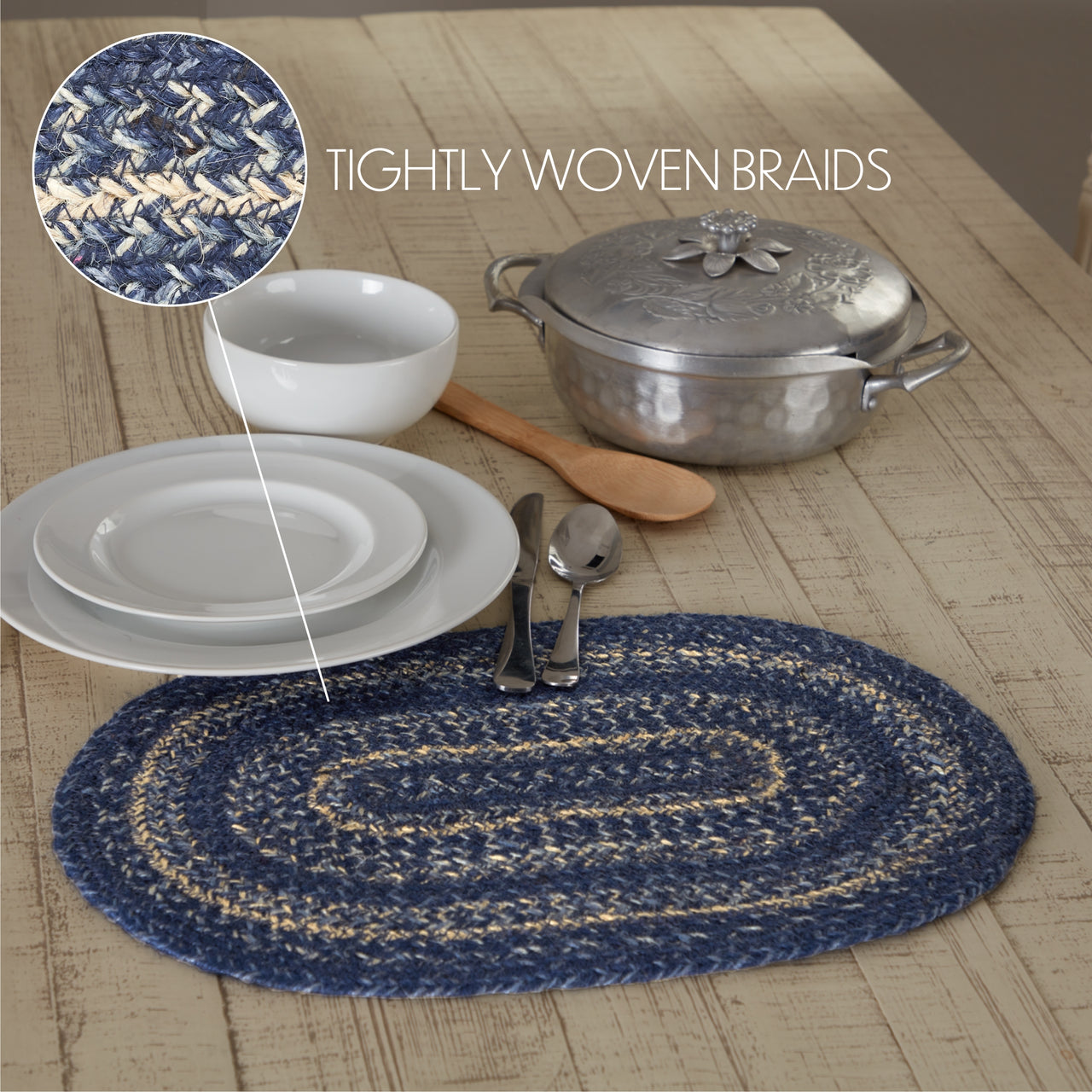 Great Falls Blue Jute Braided Oval Placemat 12"x18" VHC Brands