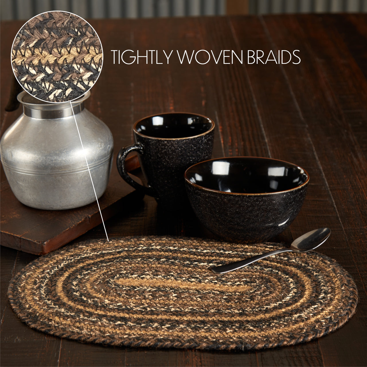 Espresso Jute Braided Oval Placemat 10"x15" VHC Brands - The Fox Decor