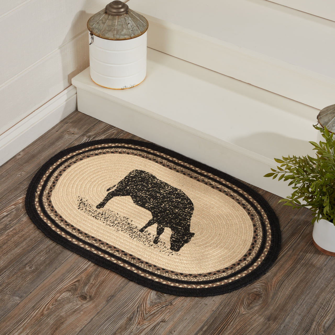 Sawyer Mill Charcoal Cow Jute Braided Rug Oval 20"x30" with Rug Pad VHC Brands
