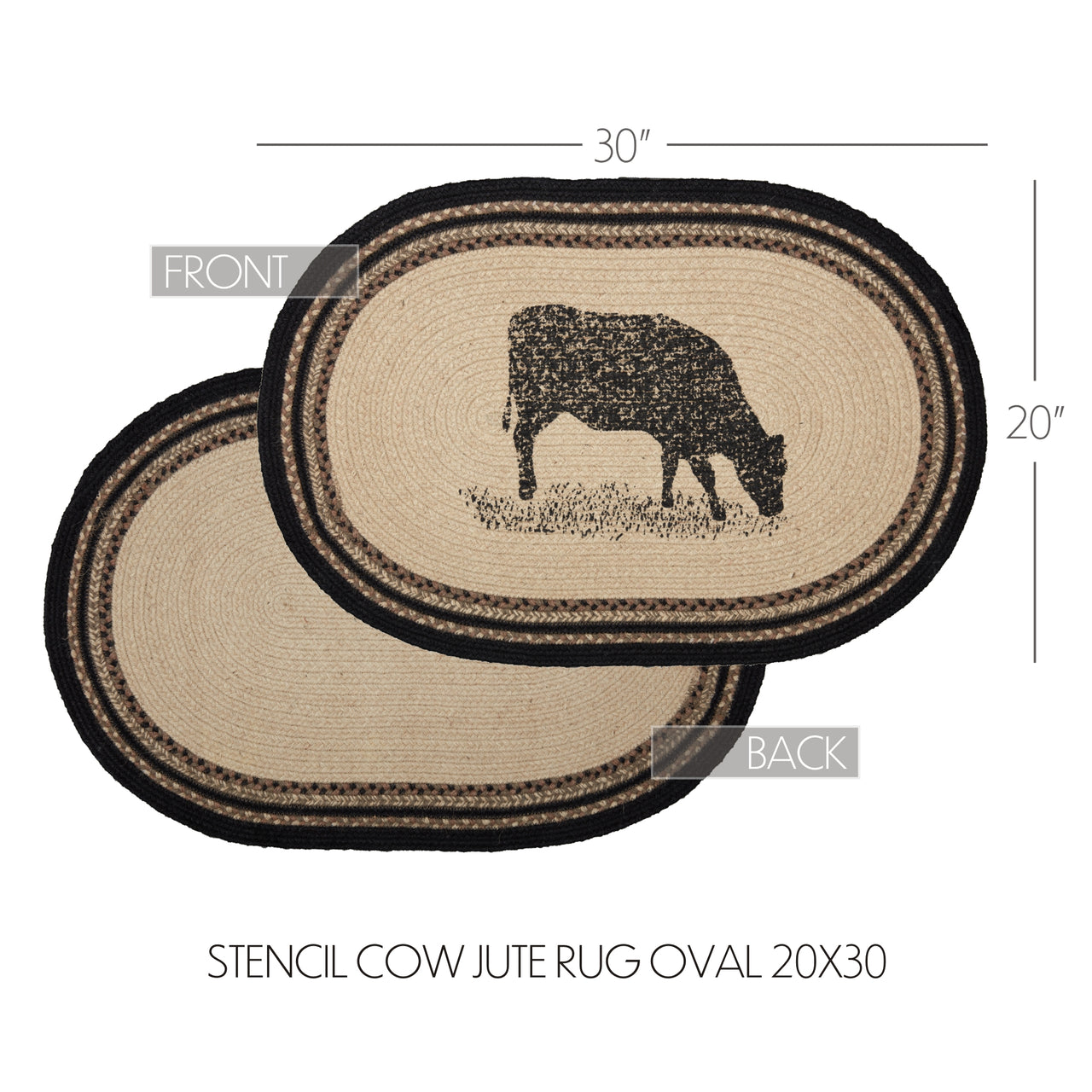 Sawyer Mill Charcoal Cow Jute Braided Rug Oval 20"x30" with Rug Pad VHC Brands
