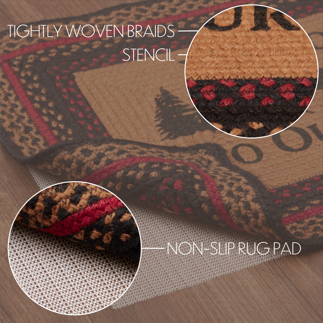Cumberland Stenciled Moose Jute Braided Rug Rect Welcome to the Cabin 20"x30" with Rug Pad VHC Brands