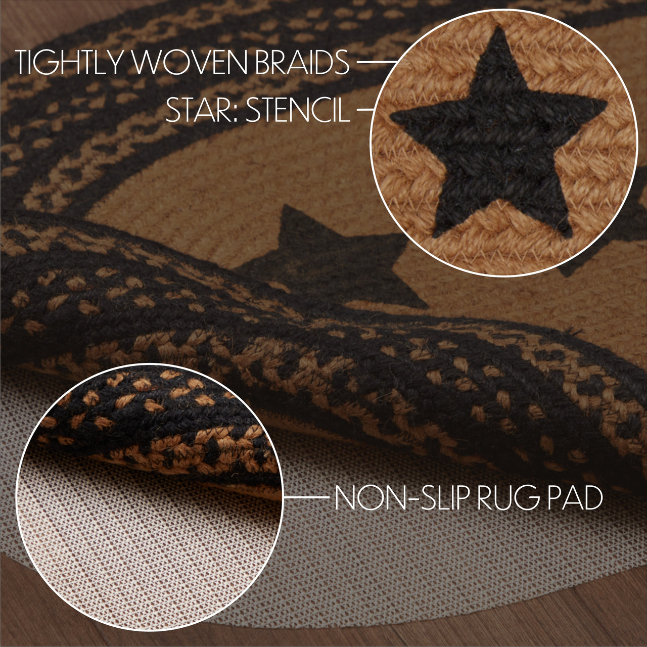 Farmhouse Jute Braided Rug Oval Stencil Stars 20"x30" with Rug Pad VHC Brands