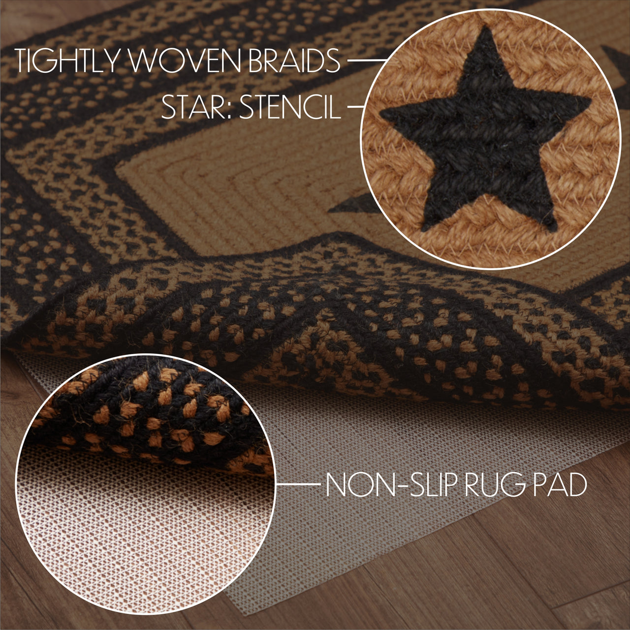 Farmhouse Jute Braided Rug Rect Stencil Stars 27"x48" with Rug Pad VHC Brands