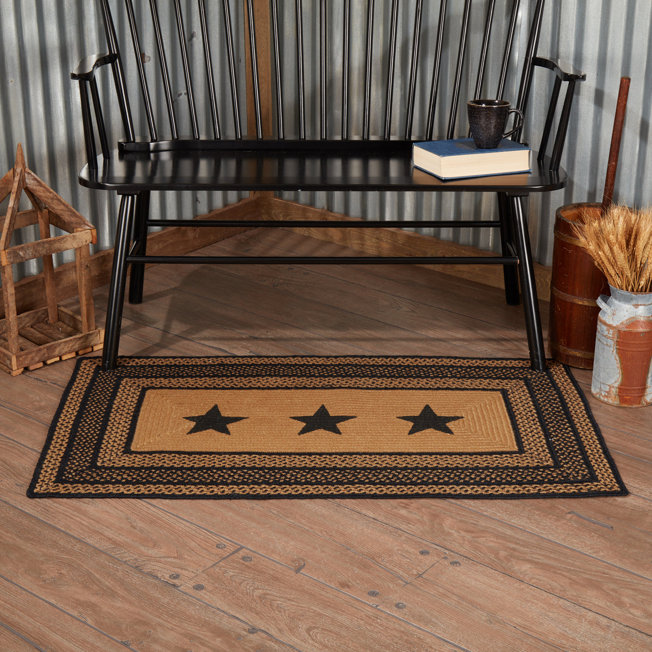 Farmhouse Jute Braided Rug Rect Stencil Stars 27"x48" with Rug Pad VHC Brands