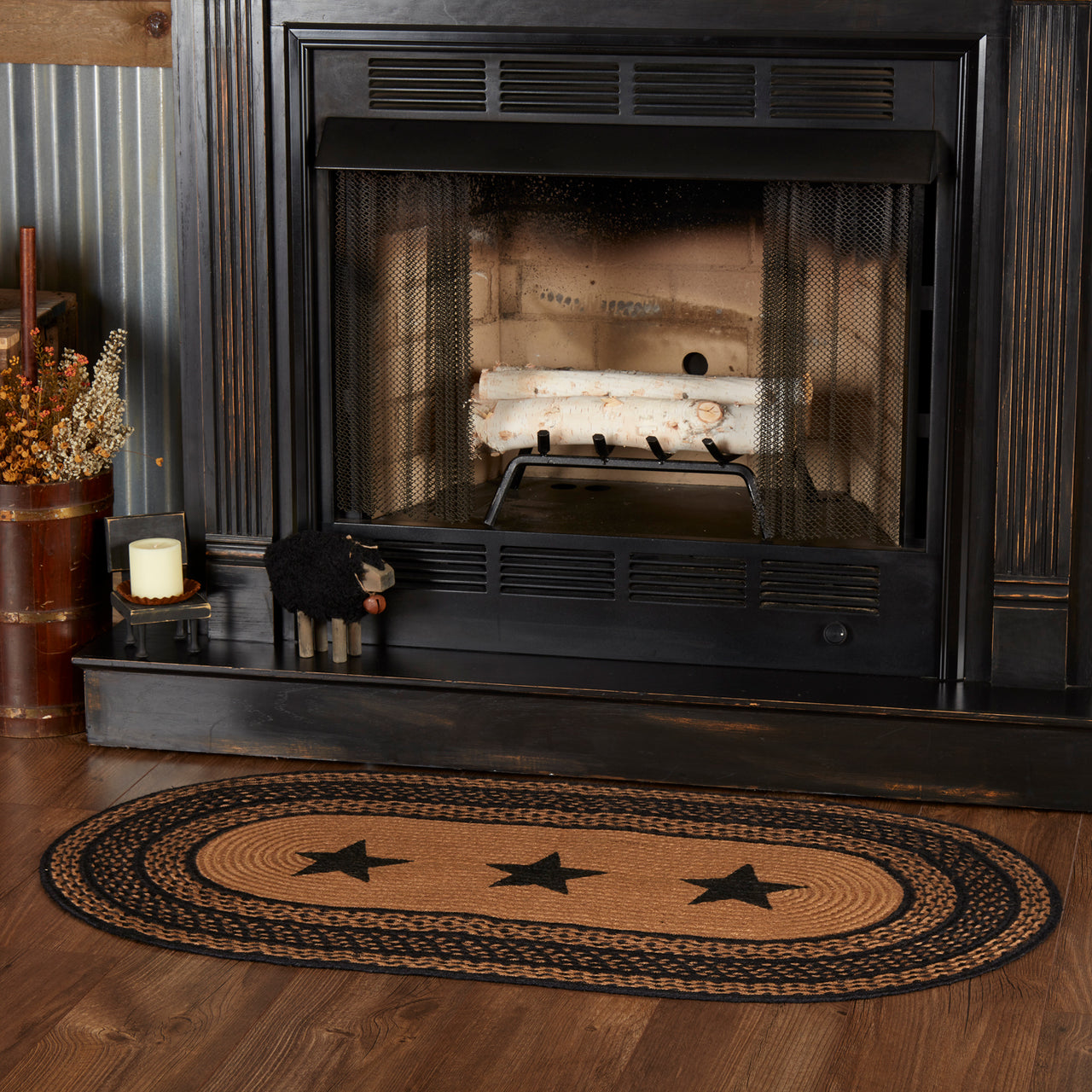 Farmhouse Jute Braided Rug Oval Stencil Stars 27"x48" with Rug Pad VHC Brands