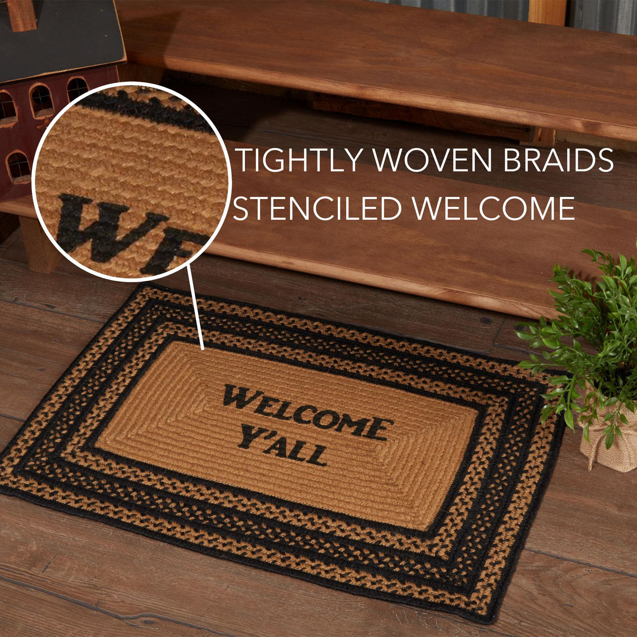 Farmhouse Jute Braided Rug Rect Stencil Welcome Y'all 20"x30" VHC Brands - The Fox Decor