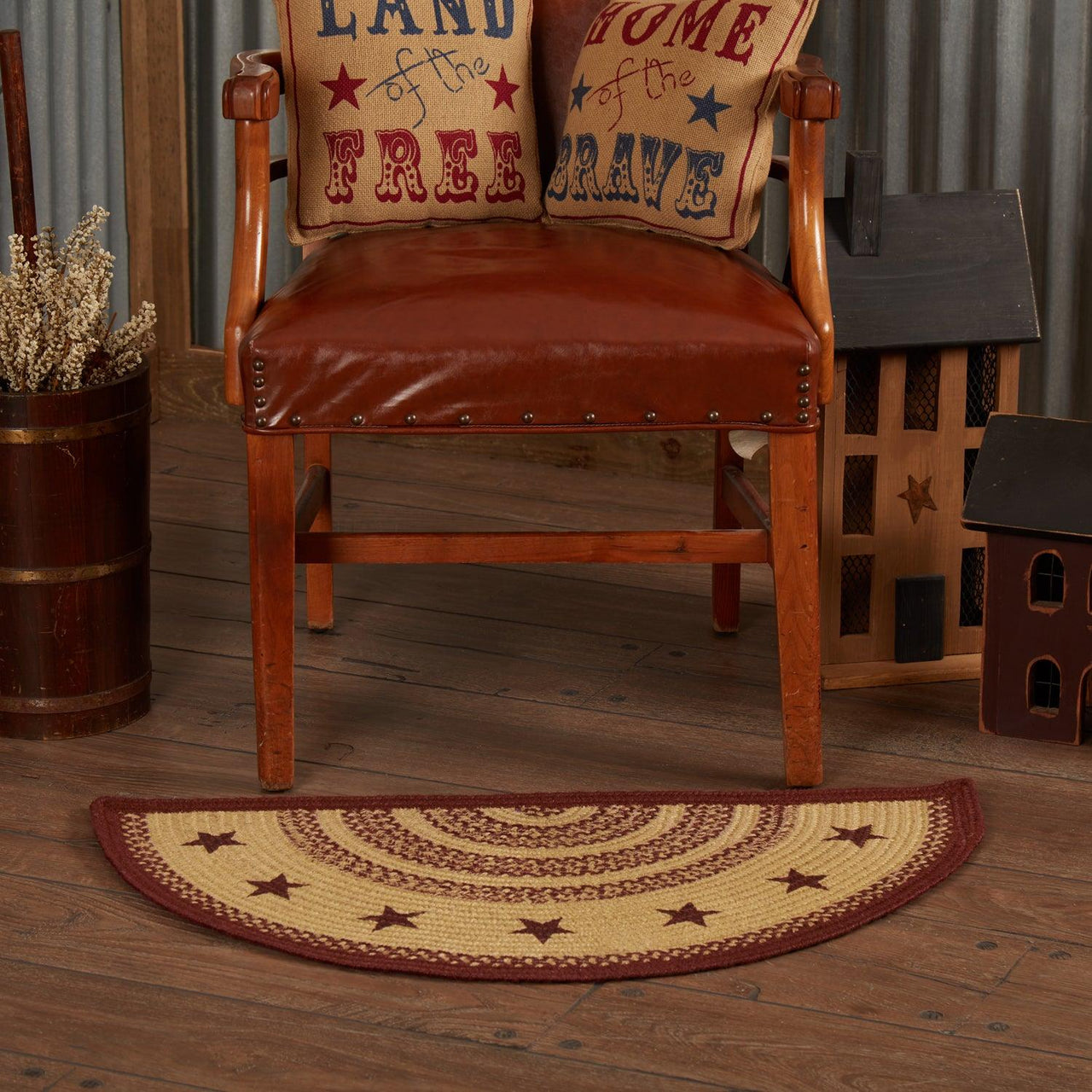 Burgundy Tan Jute Rug Half Circle Stencil Stars 16.5x33 - The Fox Decor