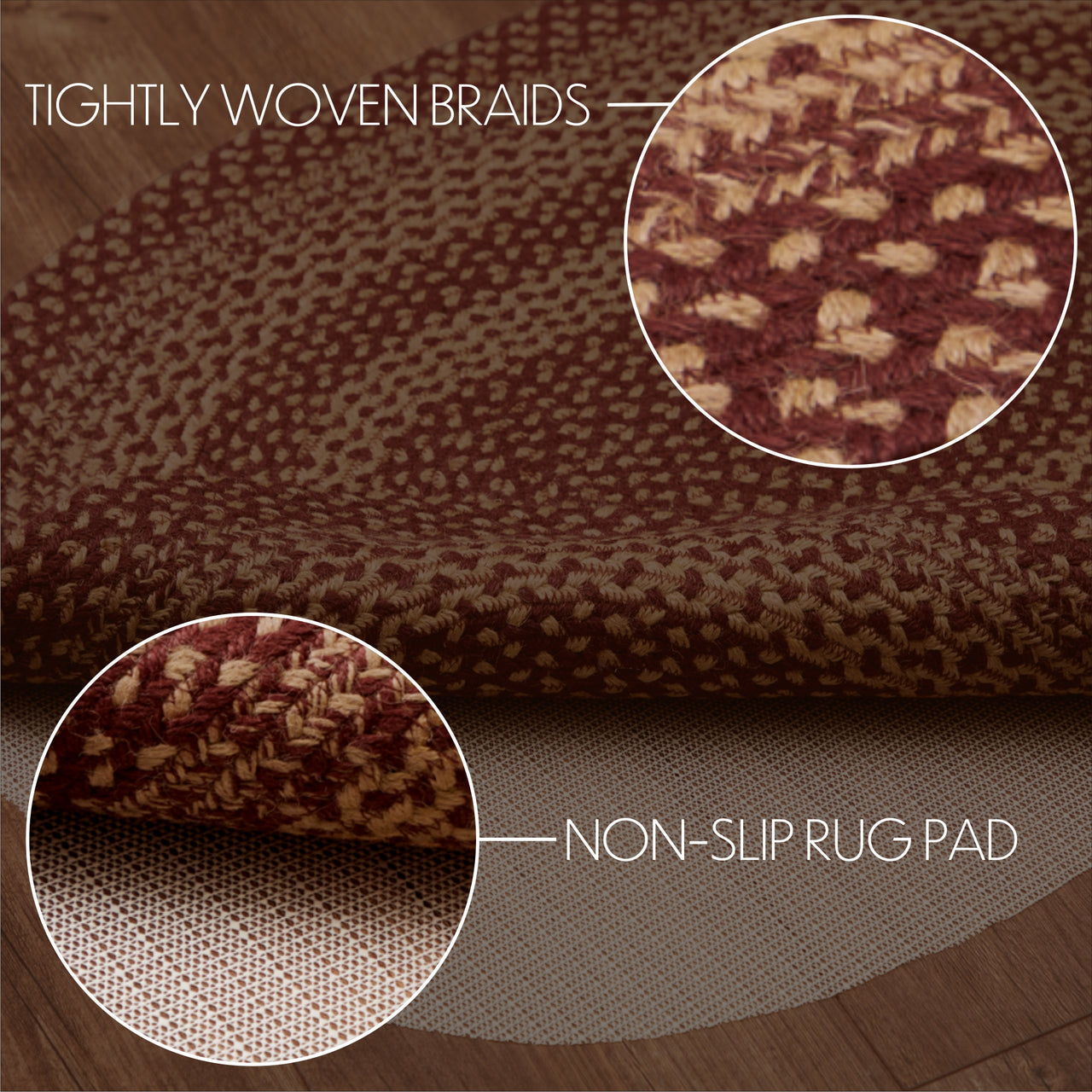 Burgundy Tan Jute Braided Rug Oval with Rug Pad 27"x48" VHC Brands