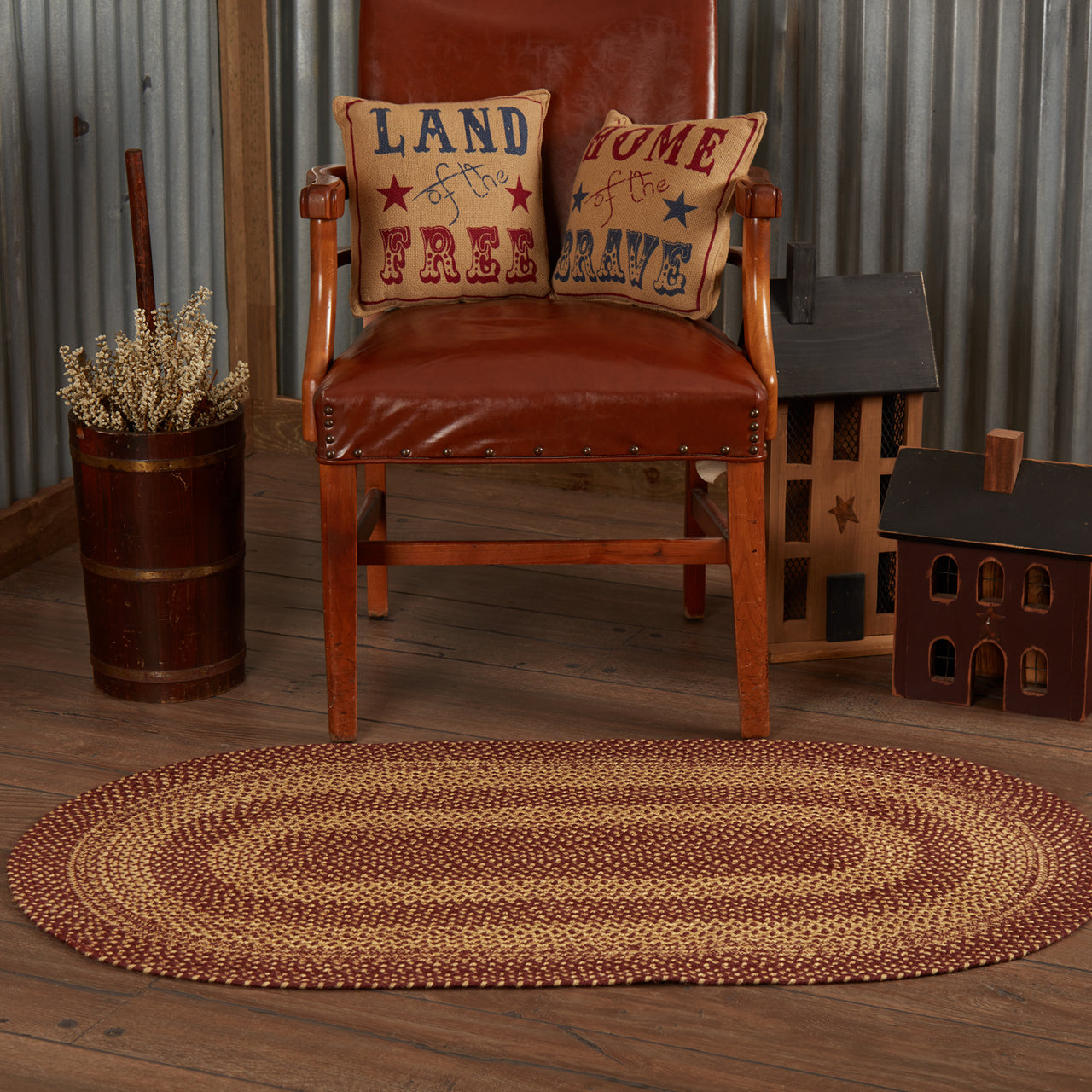 Burgundy Tan Jute Braided Rug Oval with Rug Pad 27"x48" VHC Brands