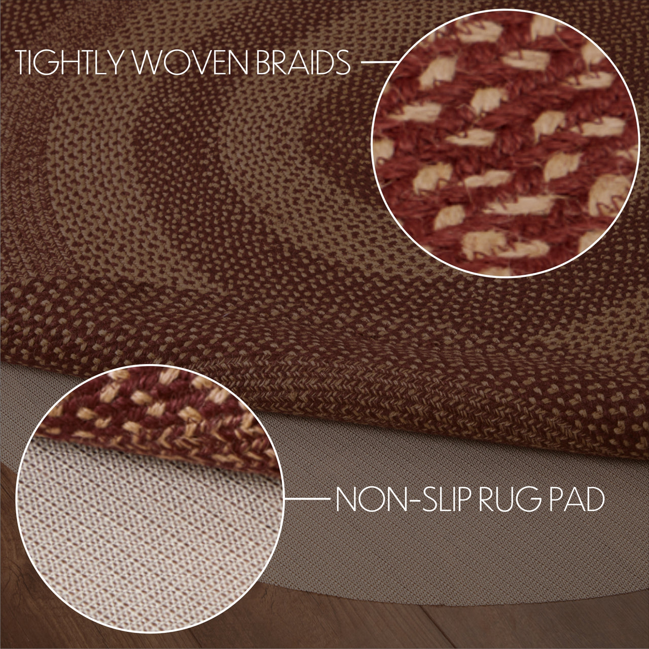 Burgundy Tan Jute Braided Rug Oval with Rug Pad 5'x8' VHC Brands