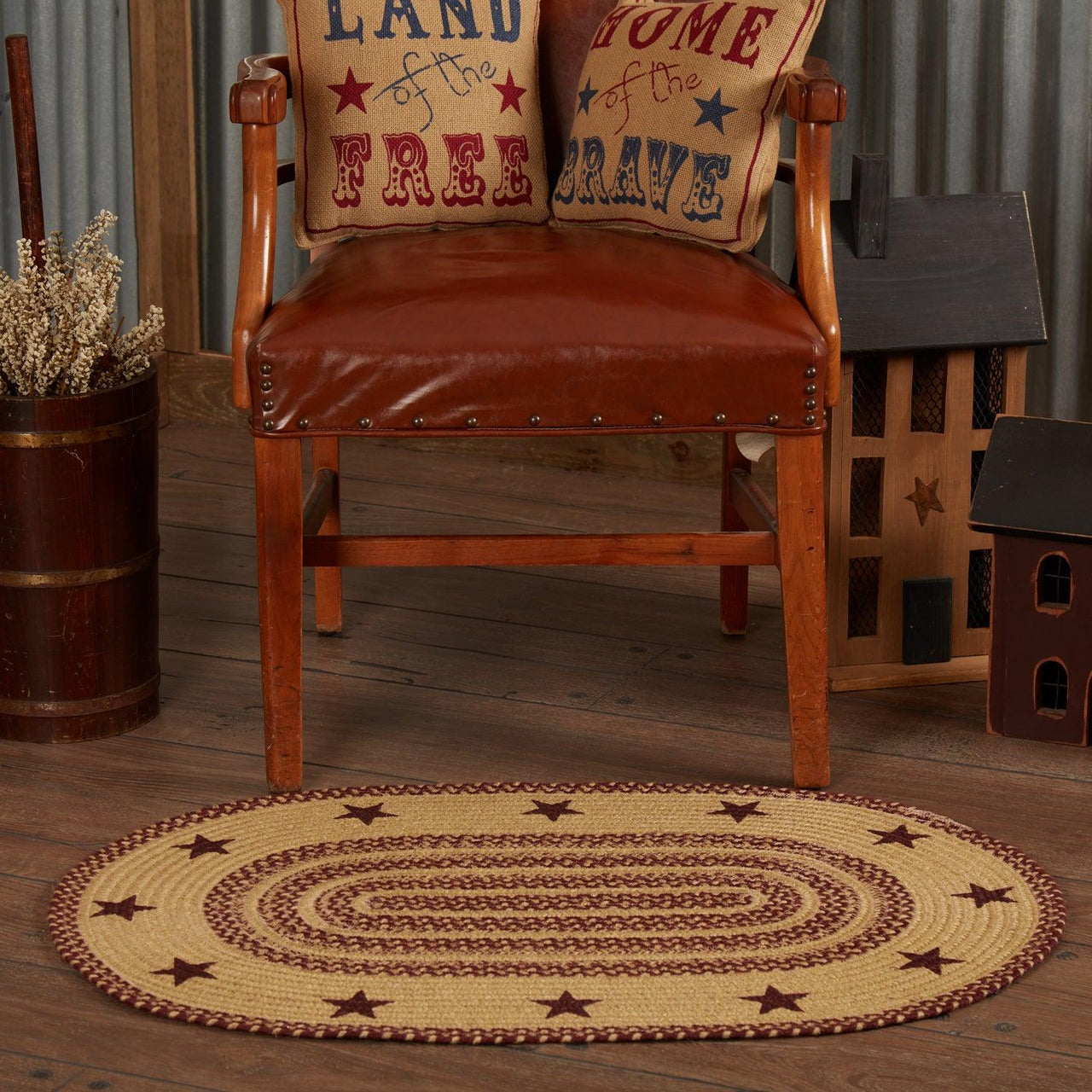 Burgundy Tan Jute Rug Oval Stencil Stars 24x36 - The Fox Decor