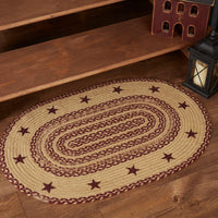 Burgundy Tan Jute Rug Oval Stencil Stars 24x36 - The Fox Decor